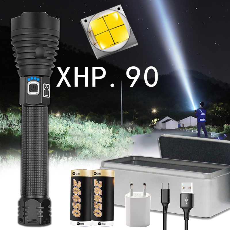 Linterna LED xlampara XHP70.2 XHP90 de gran potencia, linterna LED con USB XHP50, linterna táctica con Zoom, batería recargable de 18650 26650