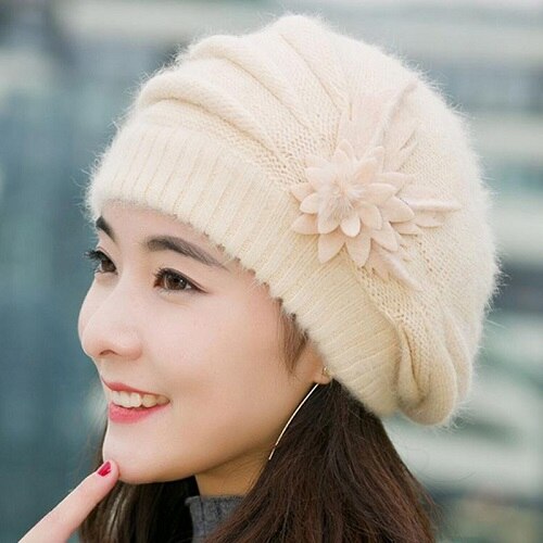 Ski Wandelen Mutsen Vrouwen Winter Hoeden Gebreide Meisjes Bonnet Caps Bergbeklimmen Dame Hoeden Wol Bont Beanie Bloem Skullies Hoed: Beige