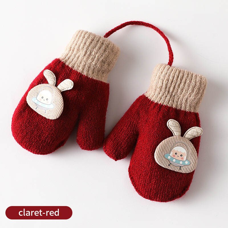 Guantes gruesos y cálidos para bebé, manoplas de punto suave con dibujos animados, cuerda para niño de 1 a 5 años: claret red