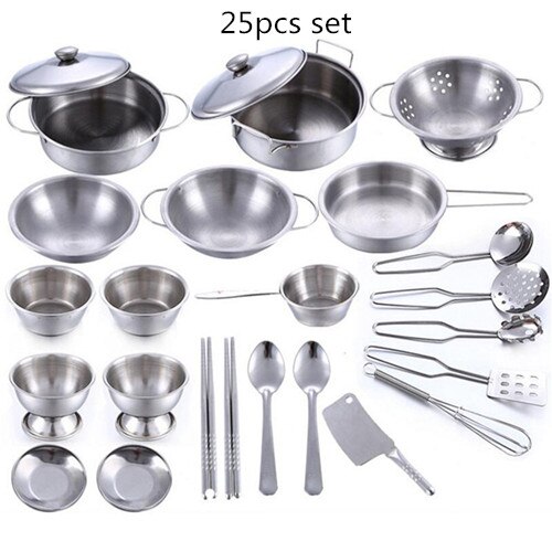 40Pcs Stainless Steel Kids House Kitchen Toy Cooking Cookware Children Pretend & Play Kitchen Playset for Children- Silver: 25pcs No box