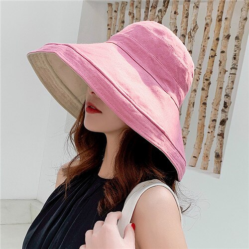 Anti-uv bred skygge bomuld linned solhat til kvinder ferie sommer panama foldbar spand hat stor skygge koreansk strand solhat: Lyserød