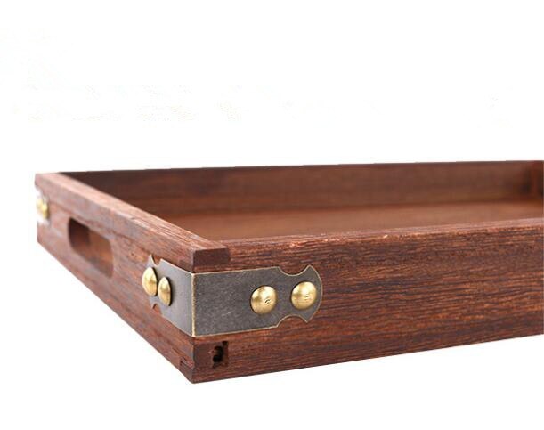 Juego de 3 bandejas de servicio de anidación de madera marrón oscuro de estilo antiguo, con asas cortadas, bandeja de madera, mesa de servicio para té Gong Fu