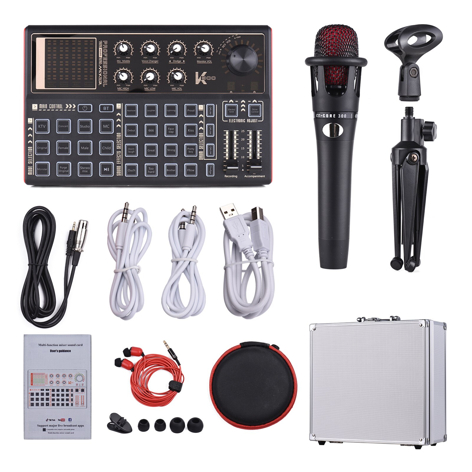Muslady K300 Live Sound Card External Voice Changer Audio Mixer Kit Built-in Rechargeable Battery Multiple Sound Effects: Sound Card Kit