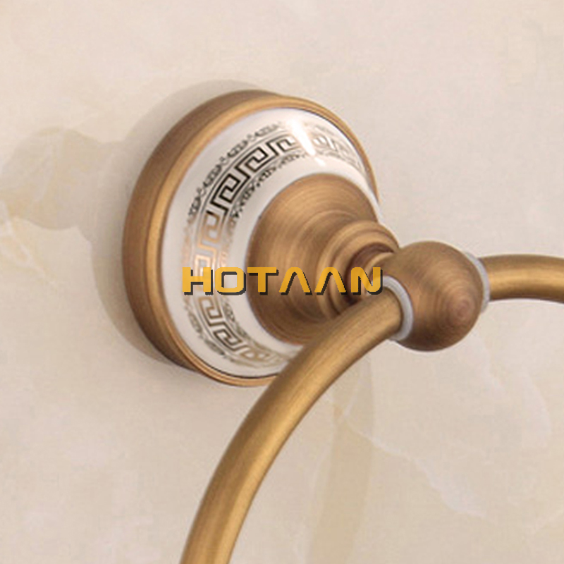 , Bathroom towel holder, solid brass Wall-Mounted Round antique brass Towel Ring with ceramic,Towel Rack,YT-13291