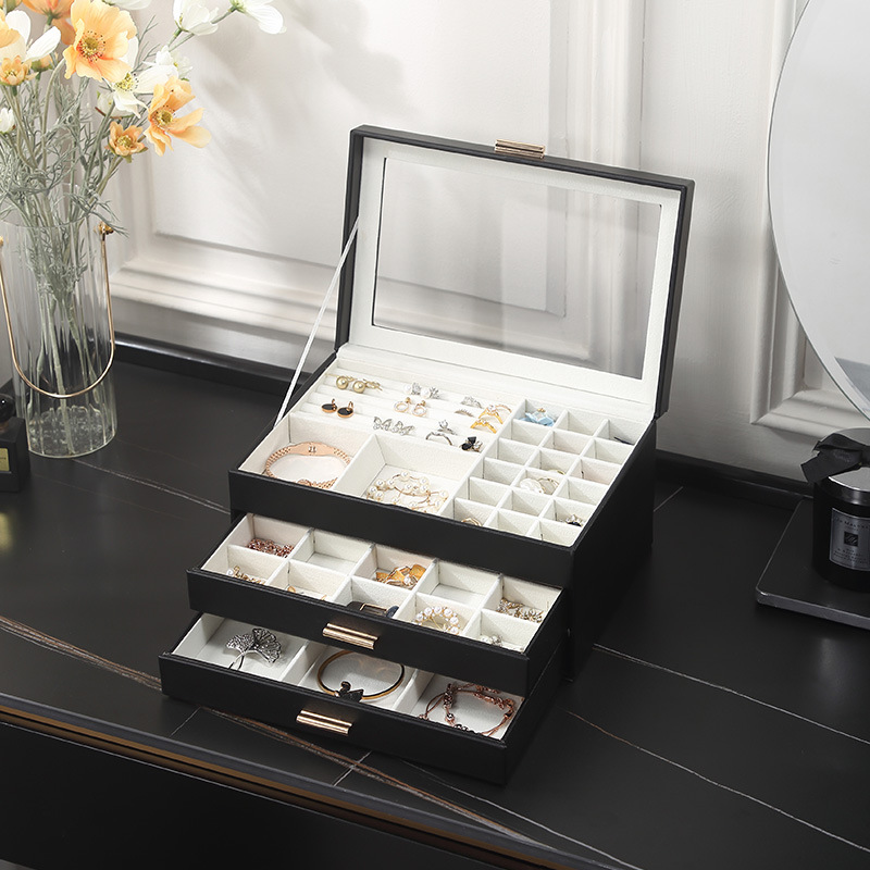 Caja de joyería de viaje portátil, cajas S/M/L, organizador de joyas de 3 capas, caja de joyería con botón, almacenamiento de cuero, Joyeroe para joyeros