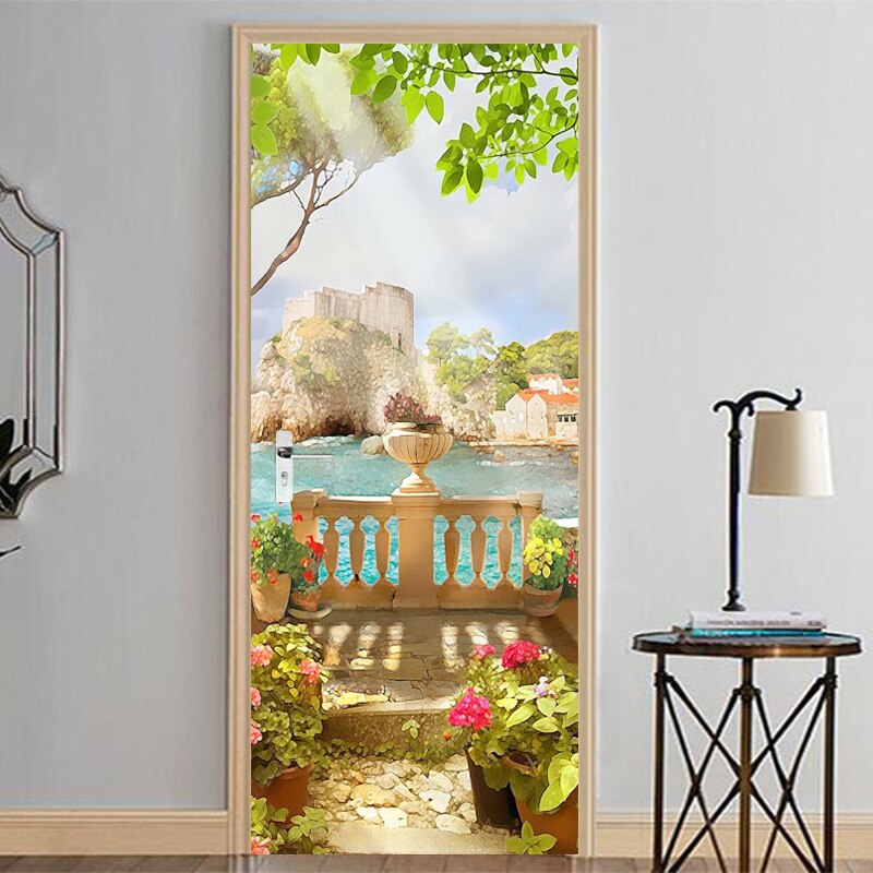 Door Sticker 3D Sea Landscape Oil Painting Mural Wallpaper PVC Self-Adhesive Waterproof Door Decoration Papel De Parede Stickers