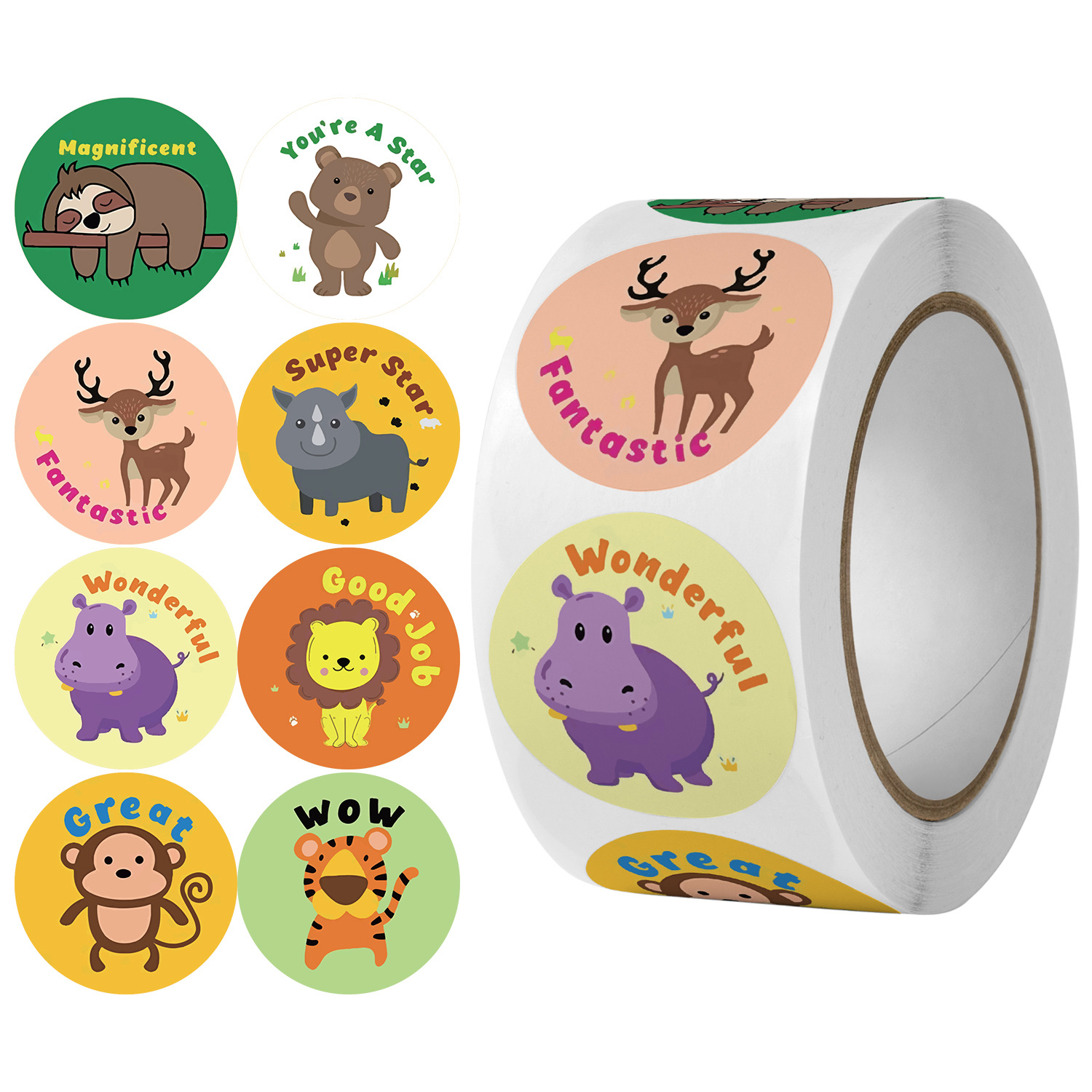 2.5cm 500pcs Cartoon Animals Stickers Cute Words Reward Stickers for Teacher Encourage Student Round Reward Sticker for Kid: A