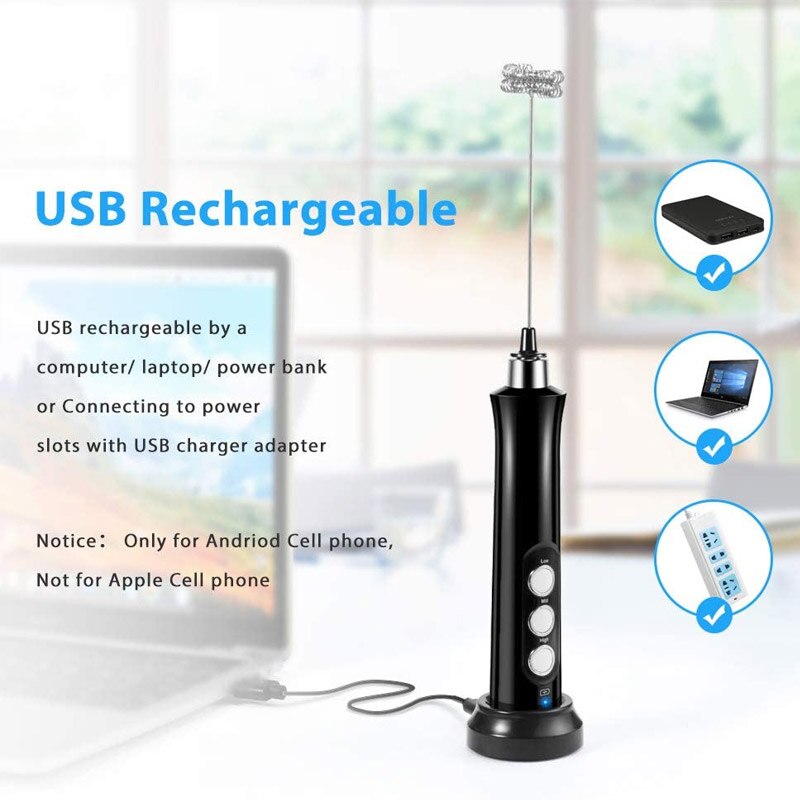 Elektrisk mælkepisker usb genopladelig 3 hastigheder mini håndholdt elektrisk mælkeskummaskine med 3 piskere drikkemixer til æggepisker