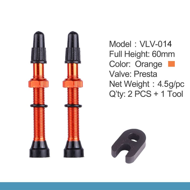 2 stk cykel slangeløst dæk presta ventil 60mm legeret stængel messing kerne til mountain road cykler m / cap & værktøj tætningsmiddel kompatibel: 60mm orange 1 par