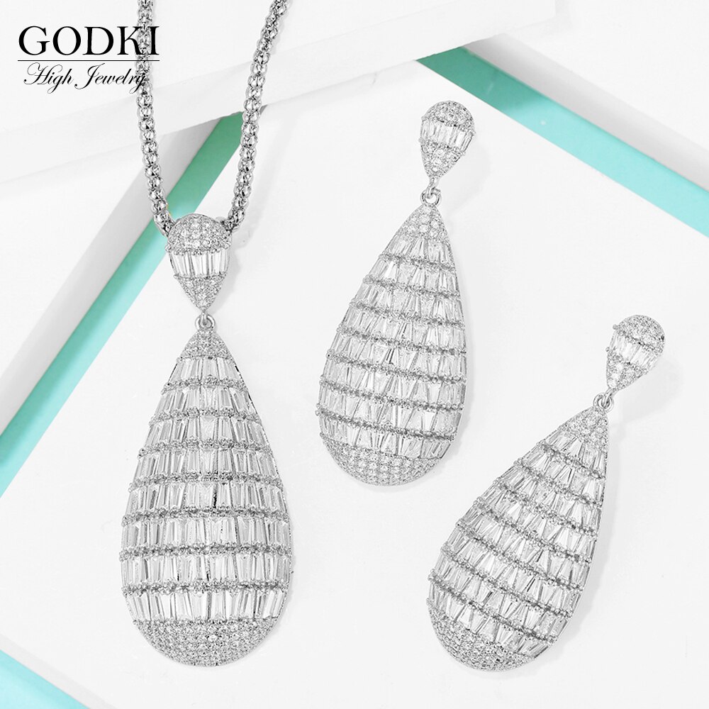 GODKI lujo circón cúbico de gota de agua nigeriano collar pendiente juegos de joyas para mujer boda Dubai indio conjuntos de joyería nupcial