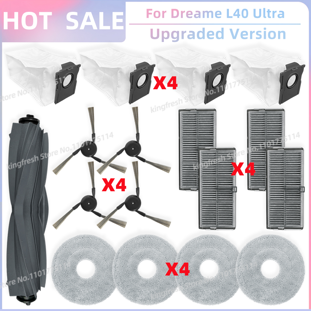 Compatible avec (Dreame L40 Ultra/ X40 Ultra, MOVA P50 Pro Ultra / P10 Pro Ultra) Pièces de Rechange pour Aspirateur Rouleau Principal Brosse Latérale Filtre Hepa Chiffon de Nettoyage Tampon Sac à Poussière Accessoires: Gris clair