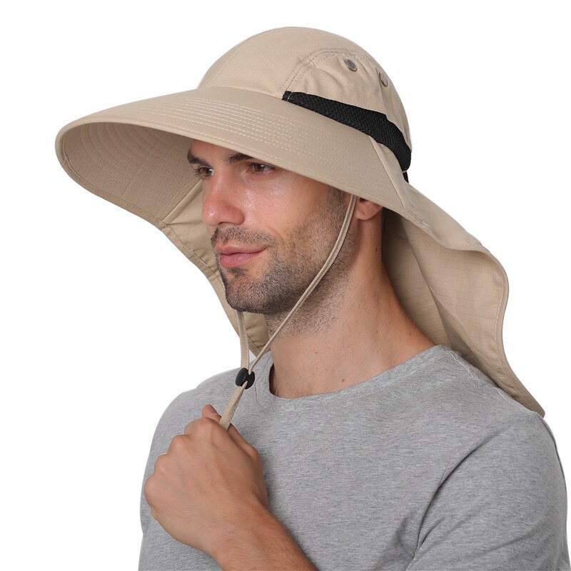 Camolad herre spand hatte med nakke flap sommer sol hat til kvinder lang bred randen fiskeri hætter udendørs uv beskyttelse vandreture hat: Beige