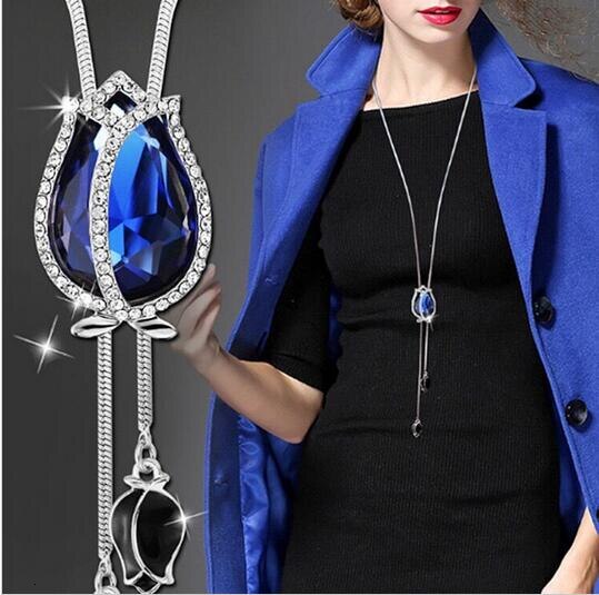 Luxury Long Chain Necklaces & Pendants for Women Waterdrop Gray Crystal Necklace Female Collier Femme Party Jewelry