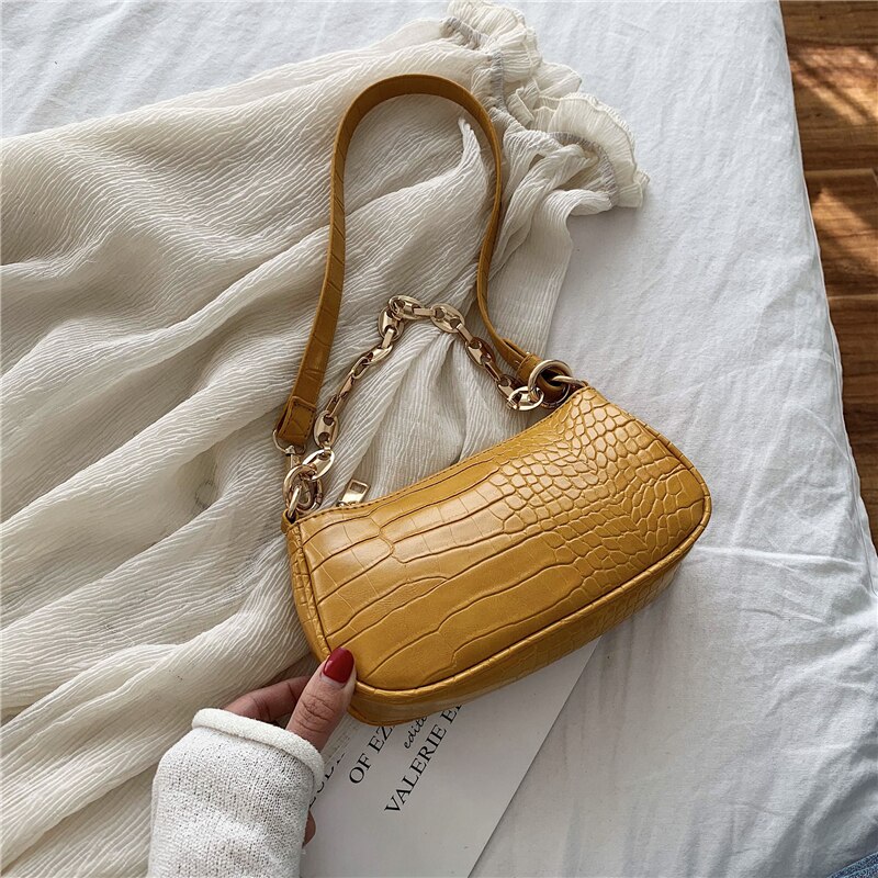 С доставкой krokodille mønster baguette tasker mini pu læder skuldertasker til kvinder kæde luksus håndtaske: Gul