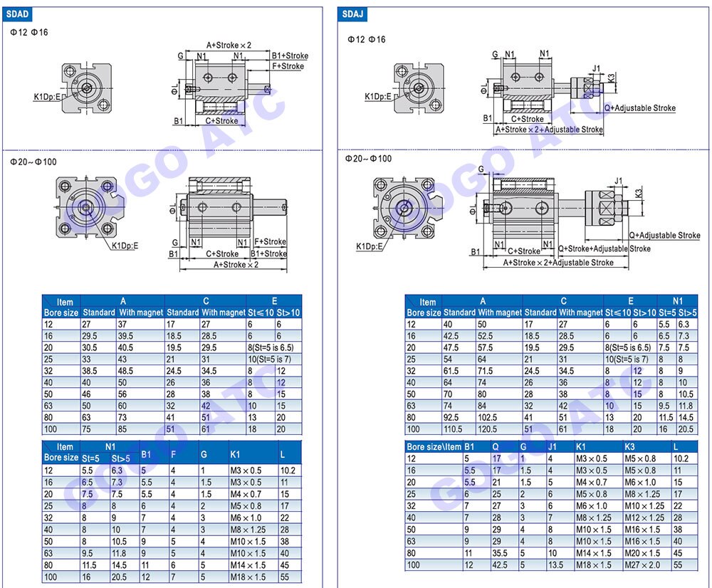 SDAD SDAJ Double rod/Adjustable stroke compact air cylinder bore 12mm stroke 5/10/15/20/25/30/35/40/50mm double acting actuator