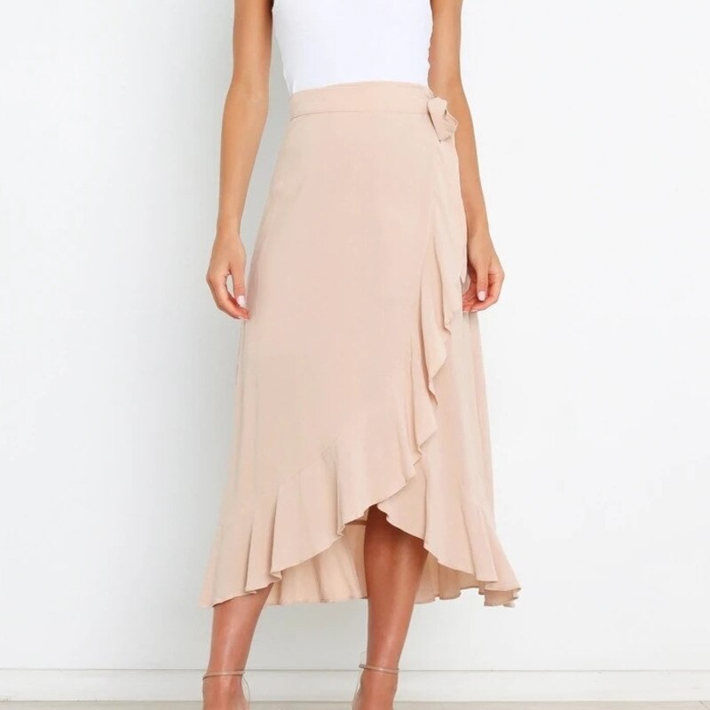 Long Skirts For Womens Summer Lace Up Ruffles Solid Color High Waist Bodycon Skirt Female Casual Chiffon Skirt
