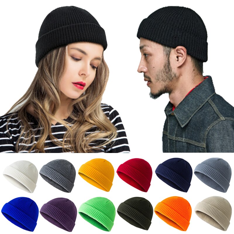 Unisex Winter Geribbelde Gebreide Caps Cuffed Korte Meloen Skullcap Effen Kleur Baggy Retro Ski Docker Beanie Hat Slouchy Classicial