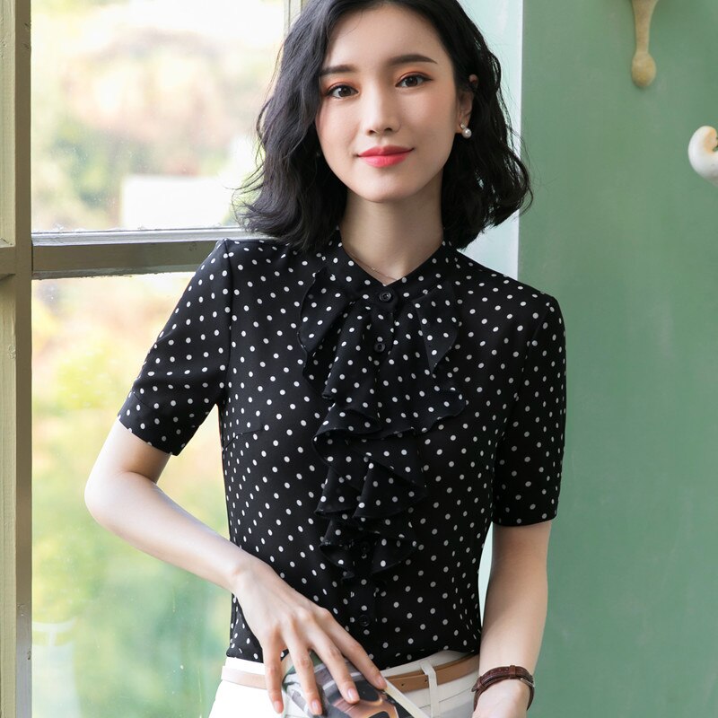 Sort hvid prikket skjorte kvindelig kortærmet chiffon slim flæsede bluser sommer stand krave toppe
