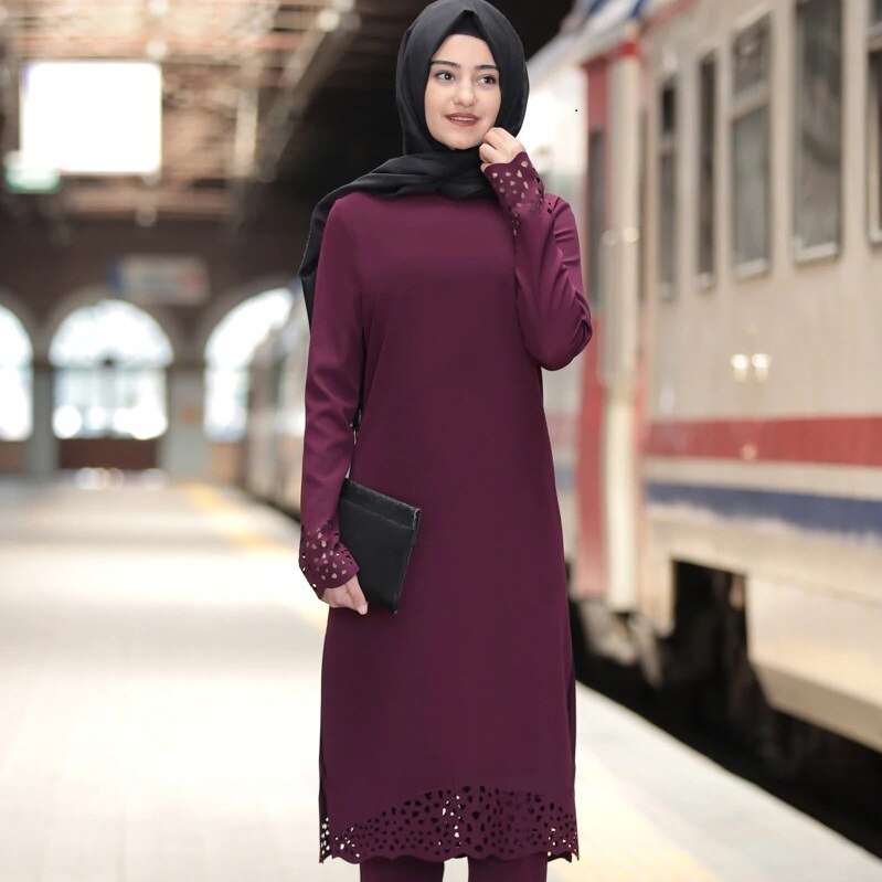 Kalkon muslimsk klänning kvinnor långa toppar ihåliga solida islamiska ropa hijab klänningar marockanska kaftan jilbab fest vestidos abaya ramadan: Vin, röd / Xl