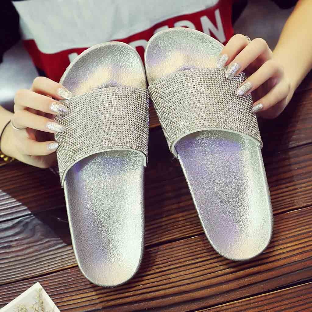 Frauen Hausschuhe Sommer Strand Casual Schuhe Flache Rutschen Hause Outdoor Diamante Sparkly Sliders Diamant alias Faulenzer