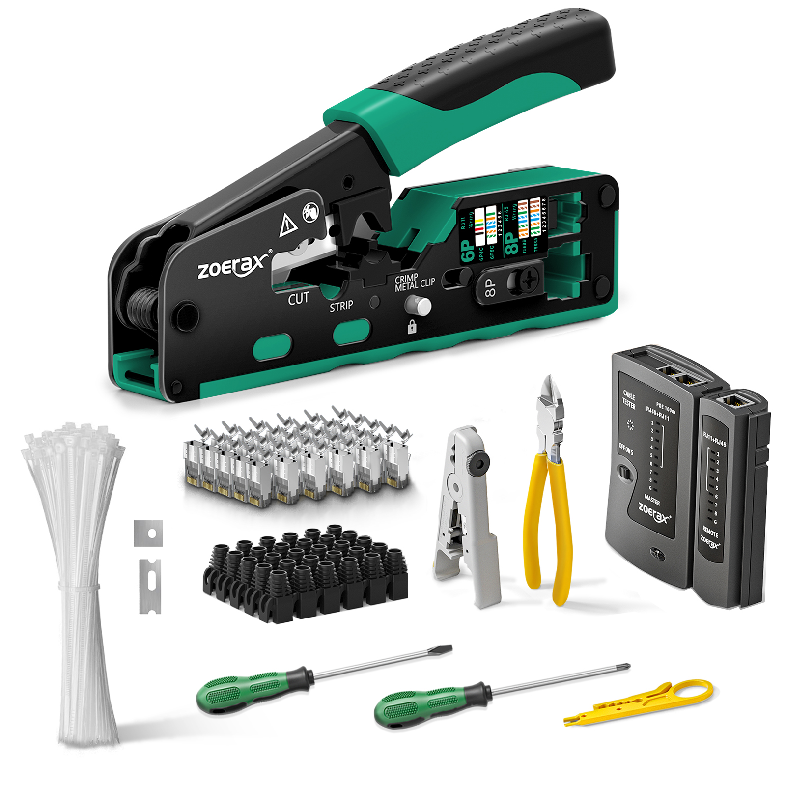 ZoeRax Network Tool Kit - Cat7 Cat6A Cable Tester, Crimper, Wire Cutter, Connectors, Boots, Ties, Screwdrivers: black