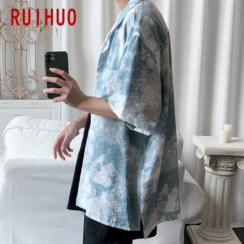 Ruihuo print kortermet skjorte herre slim fit fritidsskjorter herre mannlig business bluse merke pluss størrelse m -5xl