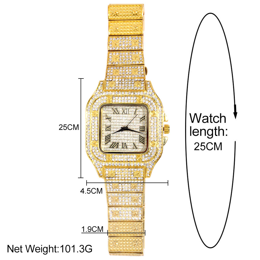 Iced out dameklokke gull sølvfarget firkantet diamanter kvarts luksuriøs hiphop-armbåndsur romersk klokke feminin relogio feminino