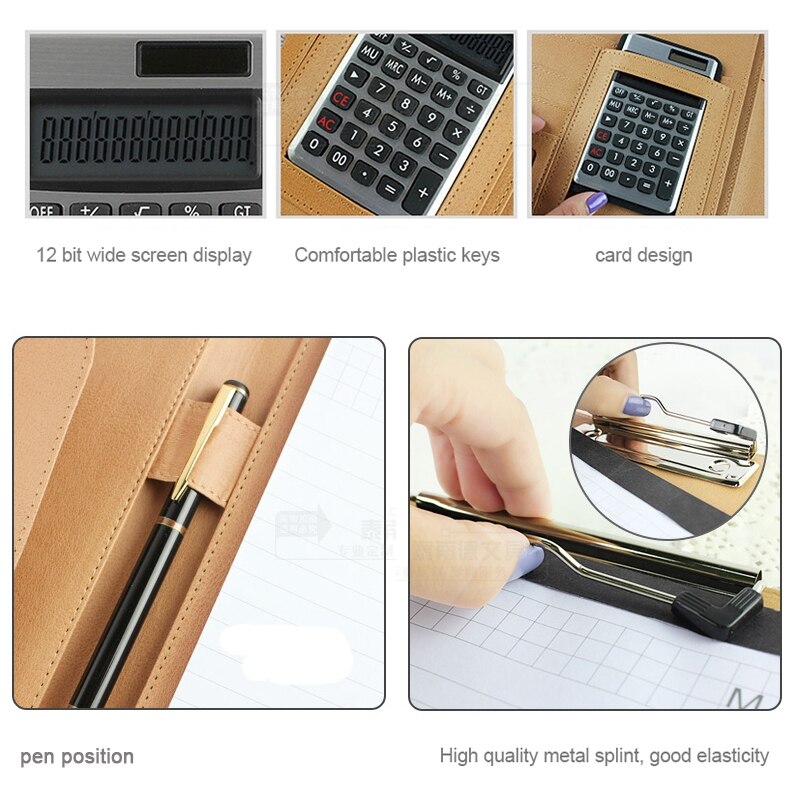 Office Supplies Business Style Leather Document Folder with 30-pages A4 Note Pad &amp; Calculator