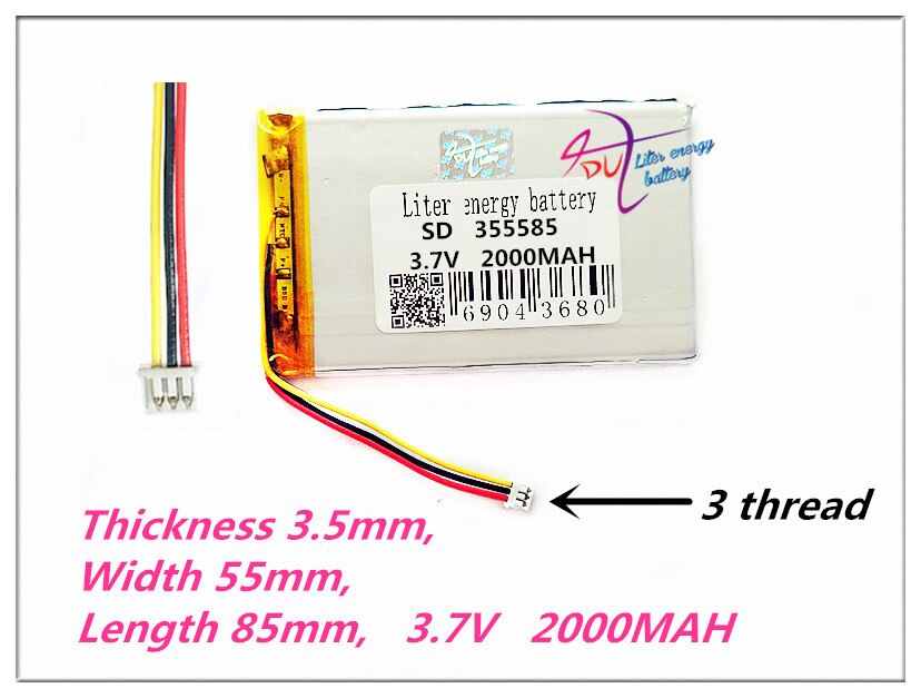 3 thread 355585 3.7V 2000MAH Polymer rechargeable batteries E-book 315586 MP3 MP4 power bank DVD DVR GPS PDA 305585