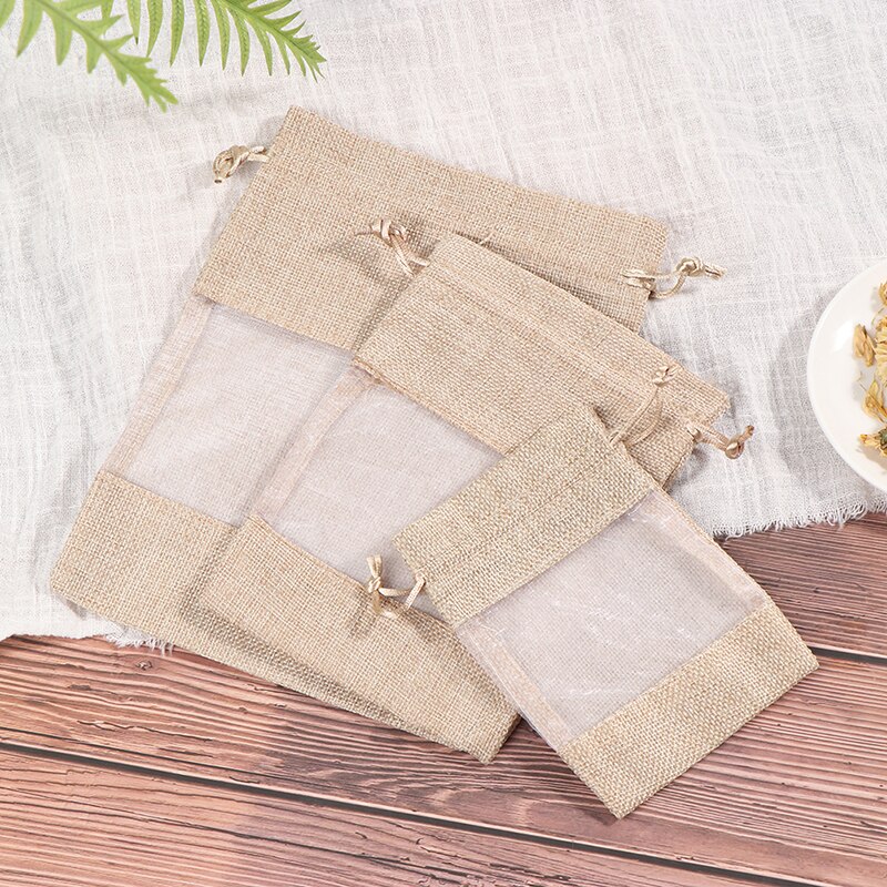 5pcs Pouch Drawstring Burlap Linen Bundle Pocket Jute Sack Candy Storage Bags Christmas Window Jewelry Drawstring