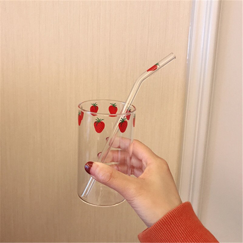 Ins Nana-vasos de fresa resistentes al calor para café, leche, agua, con pajita, transparentes, bonitos, para zumo, bebidas frías: C