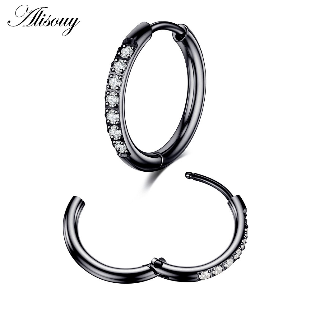 Alisouy 2Pcs Rvs Zirconia Crystal Kleine Ronde Cirkel Clip Huggie Vrouwen Mannen Hoepel Oorbellen Oor Helix Piercing Sieraden