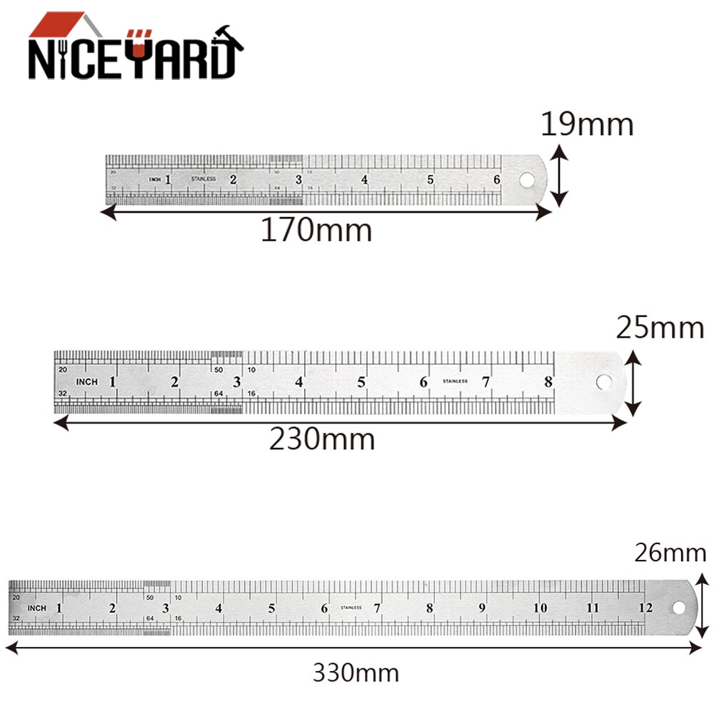 NICEYARD 15cm 20cm 30cm Stainless Steel Metal Rule Double Sided Measuring Tools Straight Ruler Precision Gauging Tool