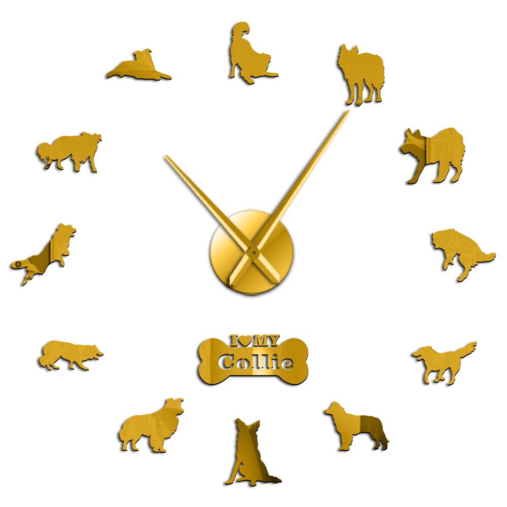 Grenze Schottischen Schäferhund Hund Schäfer Collie Selbst Klebe DIY 3D Wanduhr Kunst Schottischen Wohnheim Zimmer Dekor Mann Chef: Gold / 27 Zoll