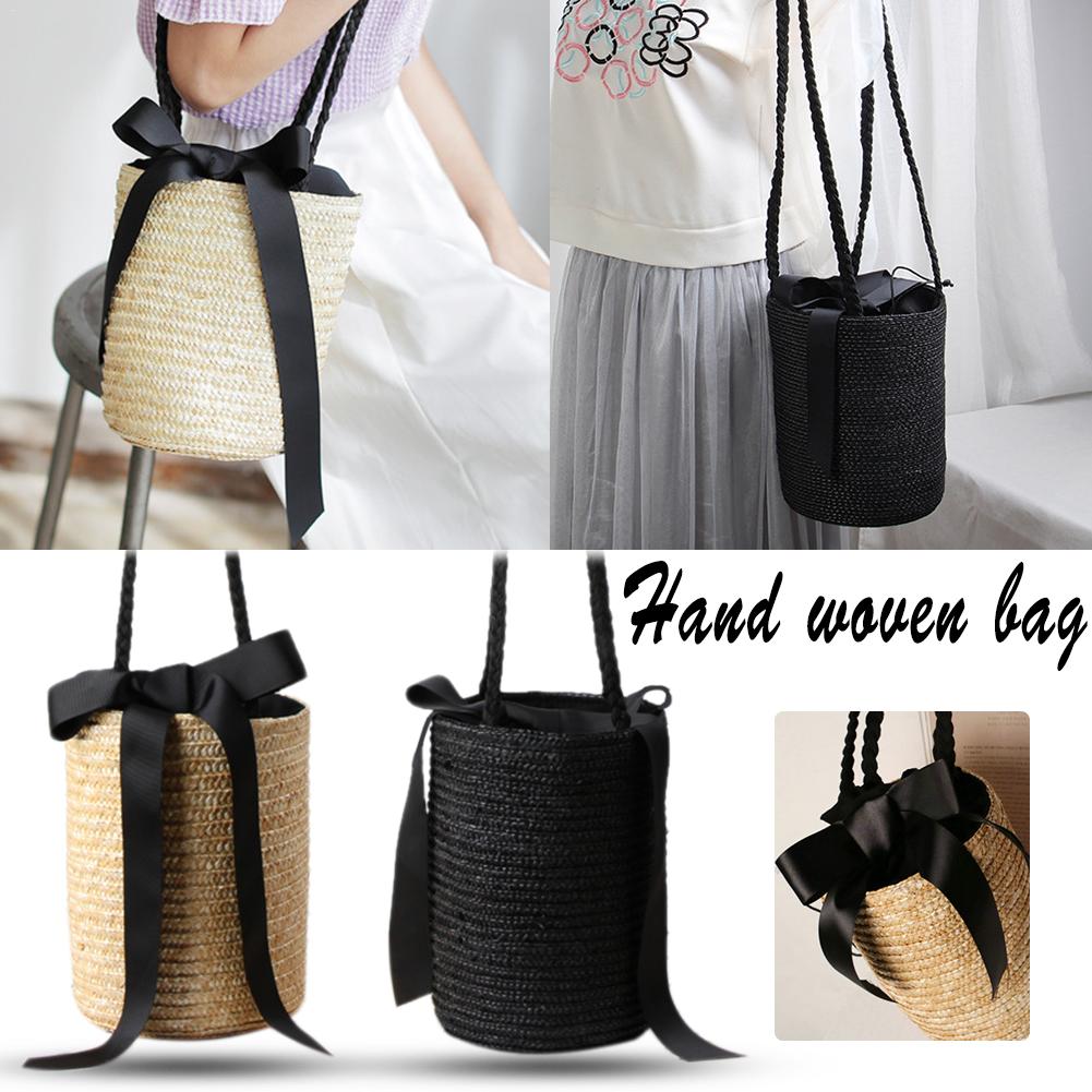 Bucket-shaped Cute Straw Bag Messenger Bag Knitted Bag Flower Beach Storage Bag for Straw bag Tote Woven Shoulder Bag