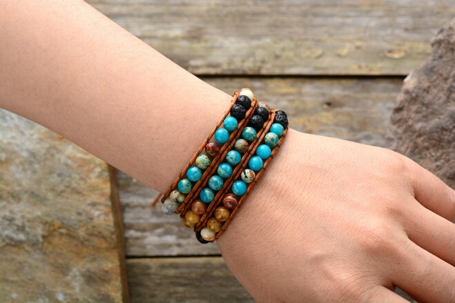 Bracelets Bangles Women 6MM Natural Stone Lava Beads 3 Strands Wrap Bracelets Multilayer Boho Leather Bracelet