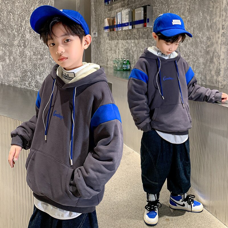 Dzieci jesień zima ciepłe najniższe topy dzieci chłopcy moda tendencja bluza z kapturem nastolatek plus aksamitna watowana bluza ubrania