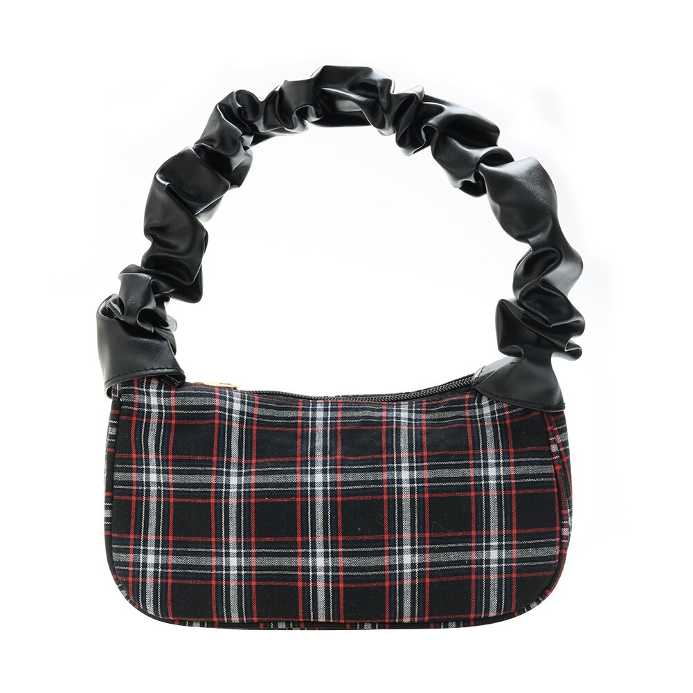 Simple Bear Plaid Printed Pleated Handbags for Women Casual Canvas Armpit Bags Female Small Underarm Shoulder Bags: Black Plaid