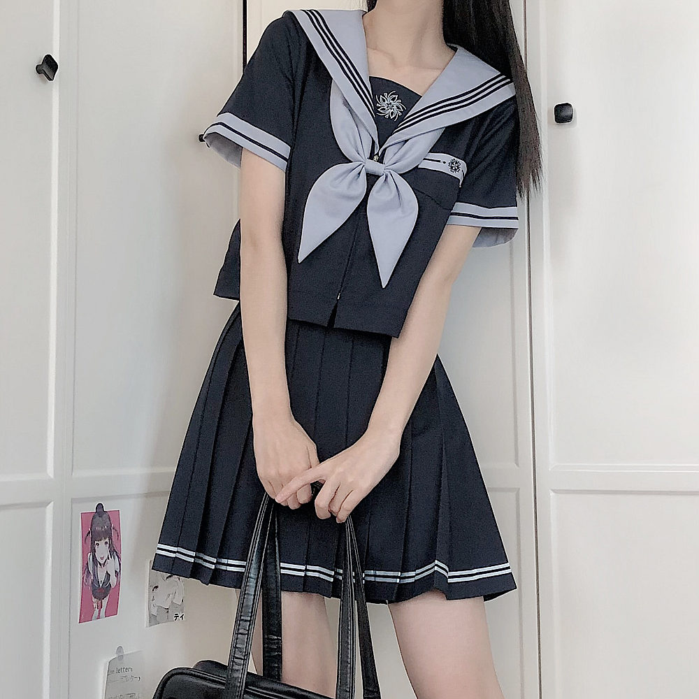 Japansk jk-uniform preppy-stil sjömansdräkt söt blå lång kortärmad topp med åtsittande midja och plisserad kjol för flicka: S / Brun