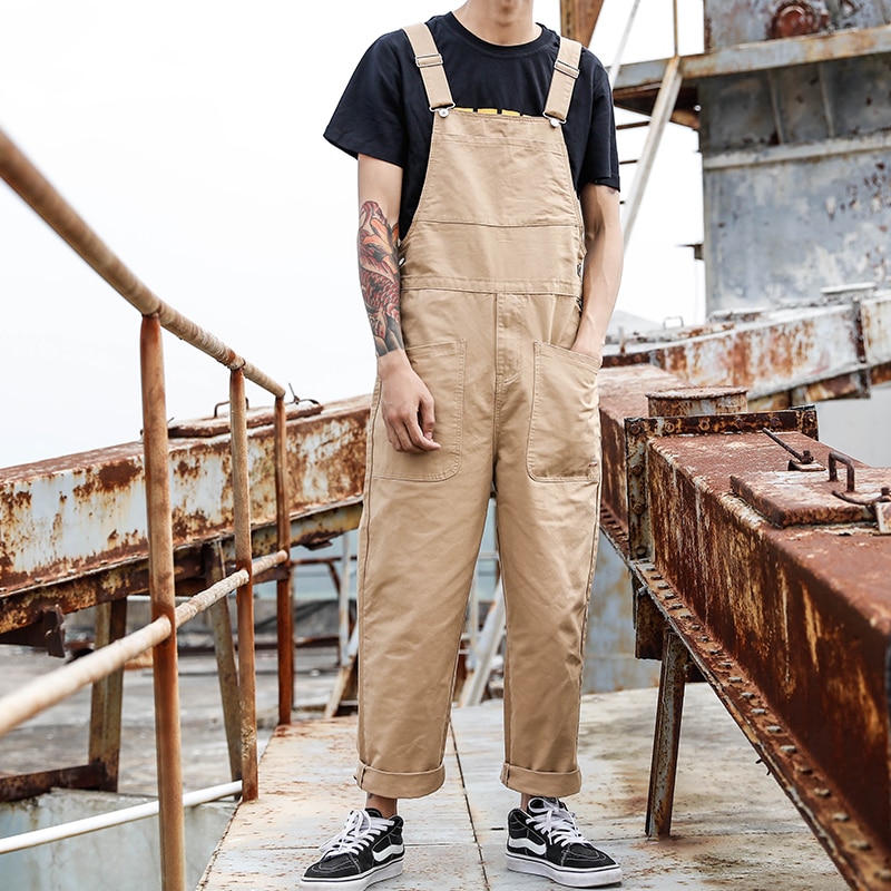 Punk stil herr lös overall jumpsuit herr one piece jumpsuit hip hop hängselbyxor man casual overall stora fickor byxor