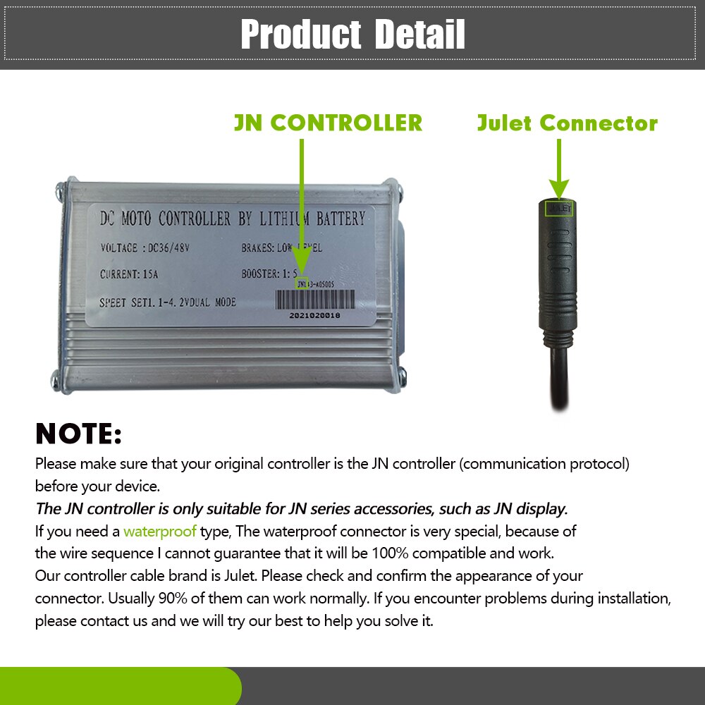 Ebike JN 15A Controller 36V/48V 250W Brushless Hub Motor 6 Mosfet With Light SM Julet Waterproof Plug Electric bike Accessorice