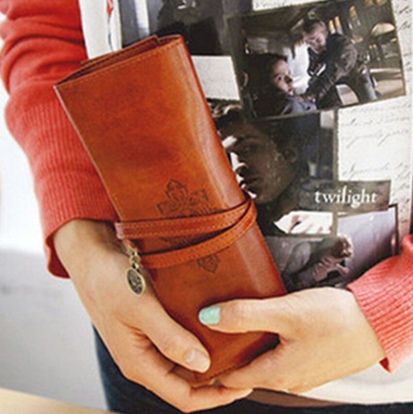 Retro Vintage PU Leather Makeup Cosmetic Tool Case Pen Pencil Organizer Pouch Bag