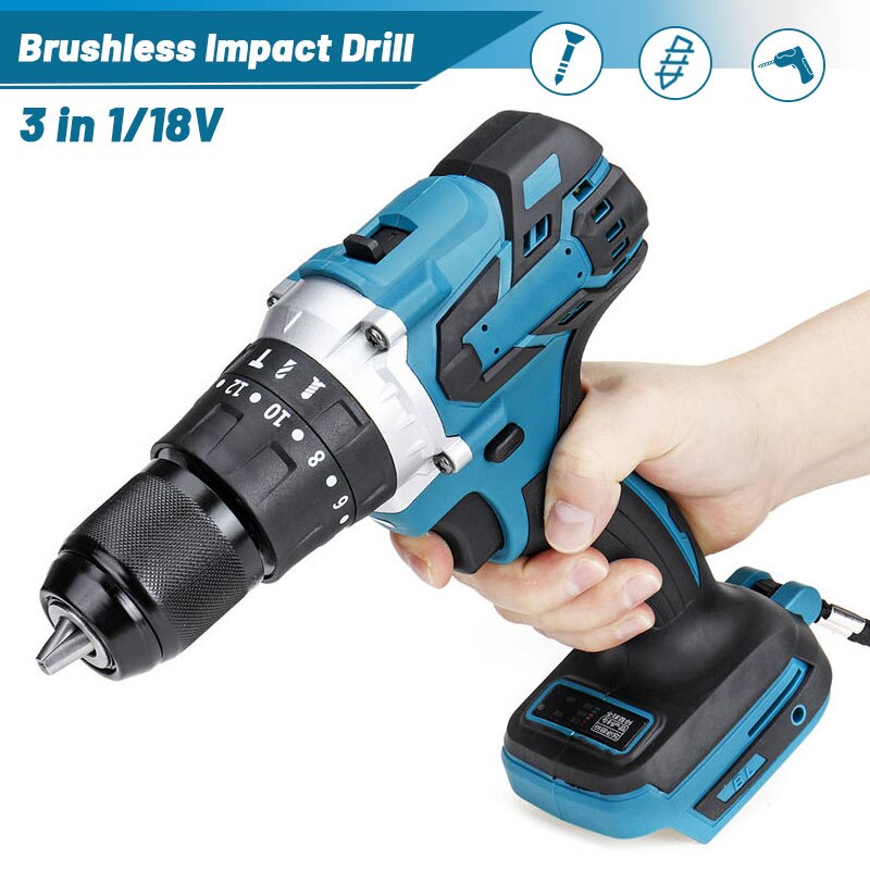 18V 3 In 1 Borstelloze Elektrische Hamer Boor Elektrische Schroevendraaier 13Mm 20 + 3 Koppel Draadloze Klopboormachine voor Makita 18V Batterij