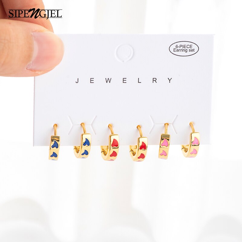 Sipengjel 6 Stuk Glossy Metalen Kleine Oorringen Set Kleurrijke Liefde Hart Gouden Oor Gesp Oorbellen Voor Vrouwen Sieraden: Default Title