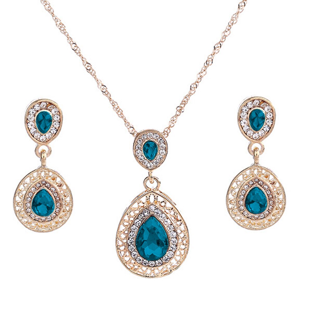 Vrouwen Luxe Strass Oval Charm Ketting + Dangle Oorbellen Sieraden Set: Blue