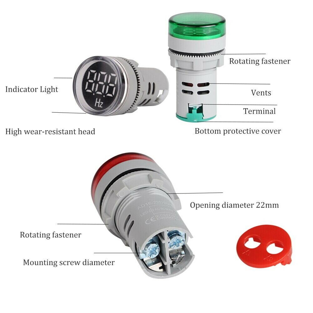 Rund 22mm måleområde 0-99 hz digitalt display el hertz meter frekvensmåler indikator signal lys combo tester
