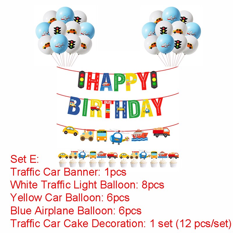 Conjunto de cartel de feliz cumpleaños para niños, Set de decoración de cumpleaños, avión, barco, transportador, guirnaldas de pancarta, globo, Temática de tráfico: Set E