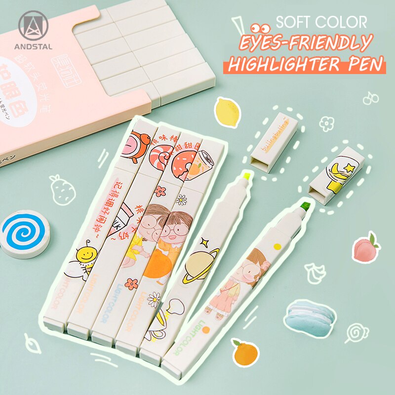 Andstal-rotulador subrayador de Color, 6 colores/juego, punta suave oblonga, morandy rotulador de Color único, marcador escolar, papelería, hilighter