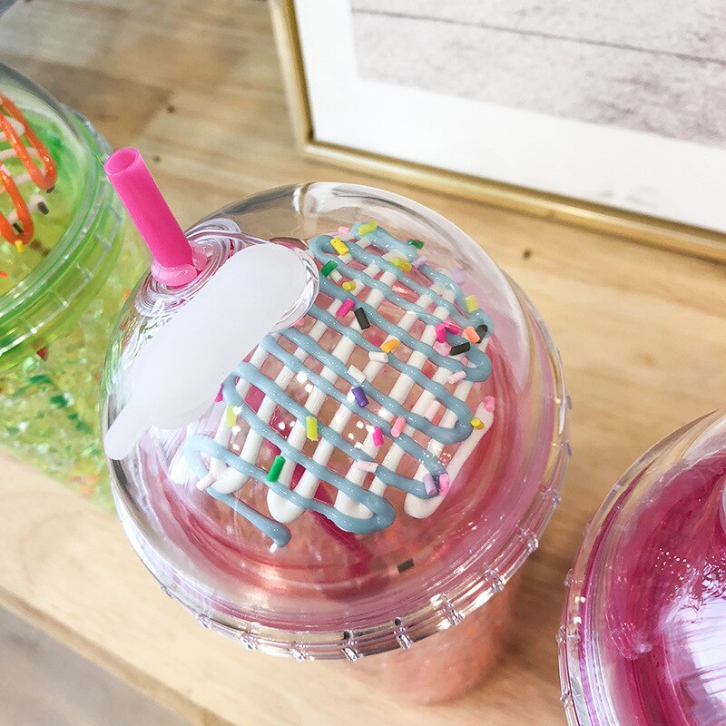 Summer Fruit Ice Cup Double Layer Refrigeration Net Red Straw Plastic Cup Large Capacity Korean Hipster Cup