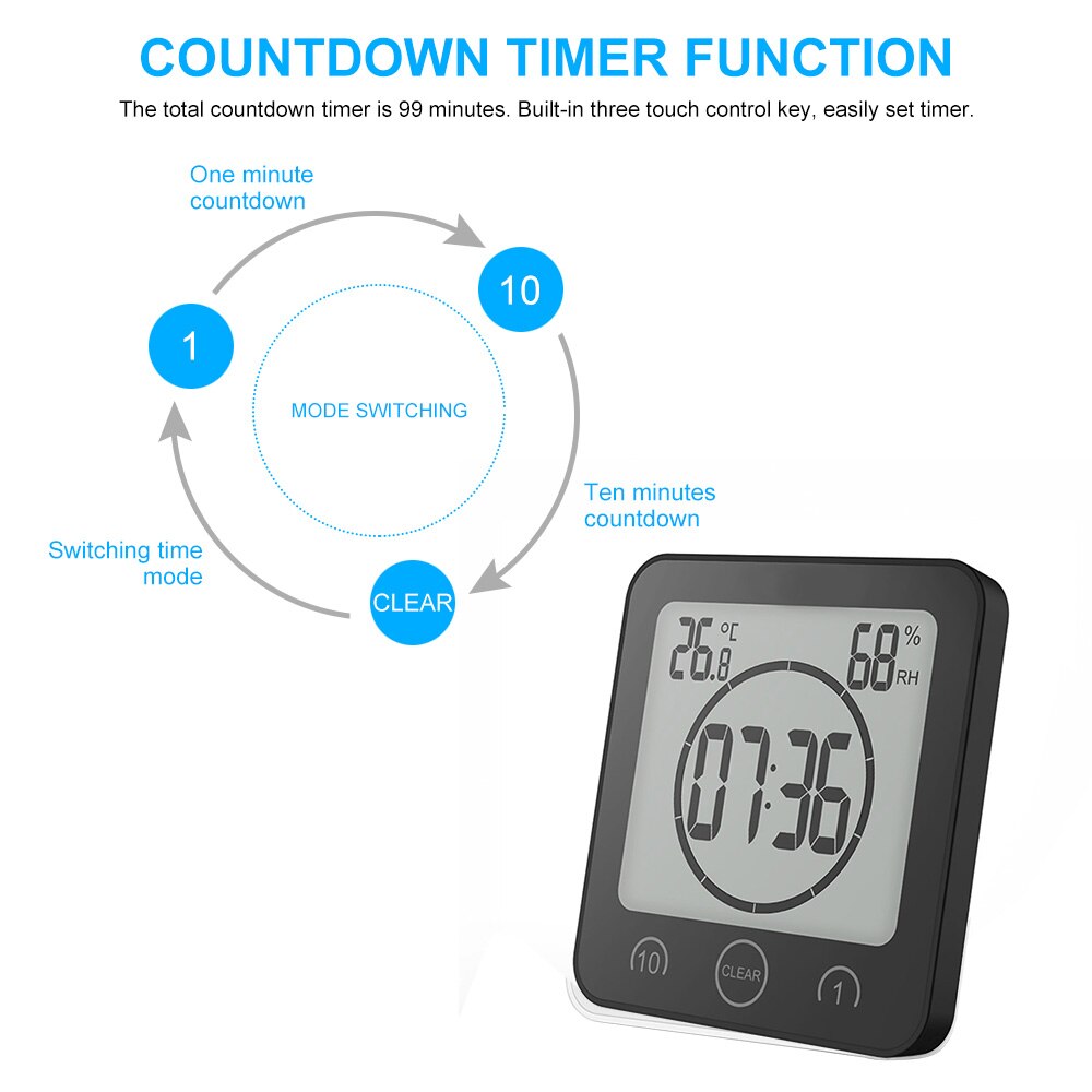 Touch Control Thermometer Hygrometer Waterdichte Kok Timer met Alarm LCD Digitale Badkamer Klok